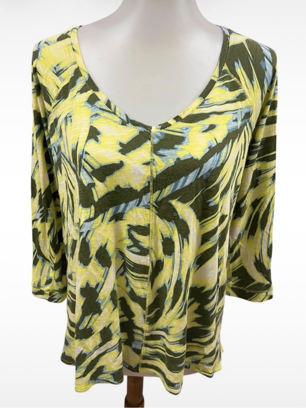 Calvin Klein V-neck Neon Yellow Grewn 3/4 Sleeve Abstract Tunic Top
